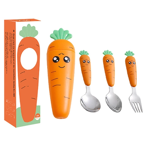 Carrot Cartoon Baby Cutlery 304 Stainless Steel Spoon Fork And Serrated Puree Spoon With Portable Case For Toddlers Feeding