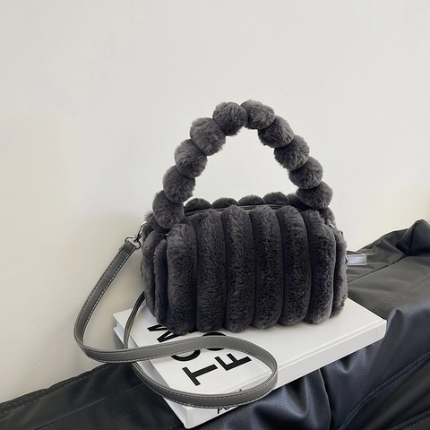 Borsa A Mano In Peluche Pelliccia Sintetica Righe Manico A Sfera Borsa A Tracolla Per Donna Inverno Elegante Versatile