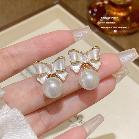 Eleganti Orecchini a Pendente con Fiocco e Perla con Perno in Argento Sterling 925 Rame Placcato Oro Zirconia Intarsiato Gioielli Donna