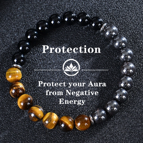 Natuurlijke Tijgeroog Obsidiaan Hematiet Drievoudige Bescherming Kralen Armband Healing Energie Steen Handgemaakte Armbanden Unisex