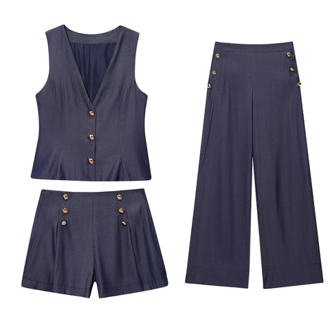 Gilet Senza Maniche Da Donna E Pantaloni Larghi A Vita Alta E Pantaloncini Blu Notte Con Bottoni Dorati Tessuto Business Casual