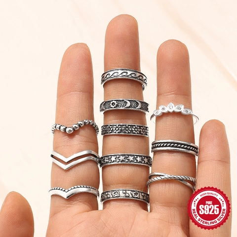 Retro S925 Sterling Silver Open Ring For Women Men Vintage Adjustable Planet Star Pattern Finger Ring Minimalist Commuting Jewelry