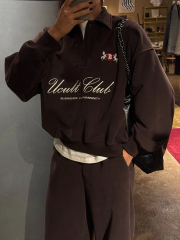 Felpa In Cotone Da Donna Mezza Zip Colletto Polo Ricamo Lettere Vestibilità Ampia Streetwear Top Casual A Maniche Lunghe