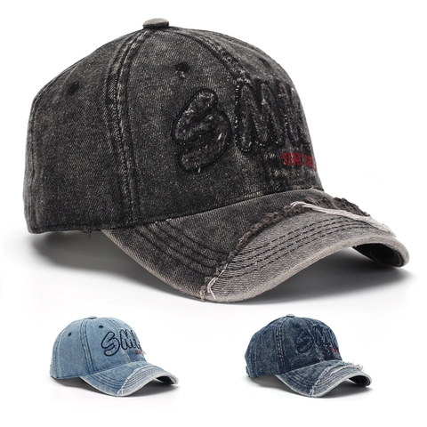 Distressed Gewassen Denim Baseballpet Met Letterborduurwerk Vintage Pet Voor Heren En Dames Streetwear Verstelbaar