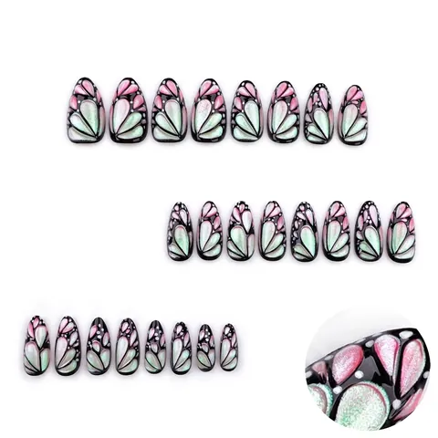 Uñas Postizas Press On Alas De Mariposa 3D Forma Almendra Degradado Rosa Cerceta Polvo Perla Artificial Reutilizables