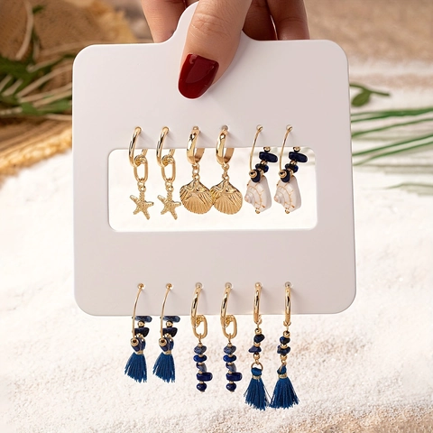 Set Orecchini Bohemienne Conchiglia Stella Marina Nappine per Donna Estate Mare Gioielli Oro Blu Lega Orecchini Pendenti