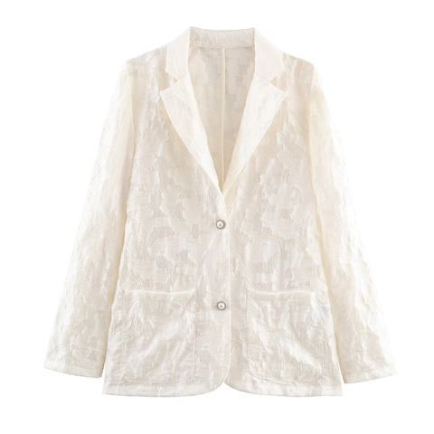 Getextureerde Blazer Voor Dames Elegante Geknoopte Jas Met Lange Mouwen Veelzijdige Bovenkleding Wit Kunstpareldetail