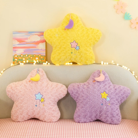 Star Moon Plush Pillow Rose Texture Soft Decorative Cushion For Sofa Bed Embroidery Starry Plush Toy For Girls Room Decor