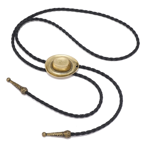 Cravate Bolo Chapeau De Cow-Boy Western Vintage Pendentif En Alliage De Zinc Cordon En Cuir Tressé Pour Hommes Femmes