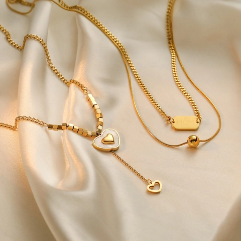 Dubbellaagse Ketting Met Harthanger Titaniumstaal Verguld Schelp MOM Tag Elegante Sieraden Voor Dames