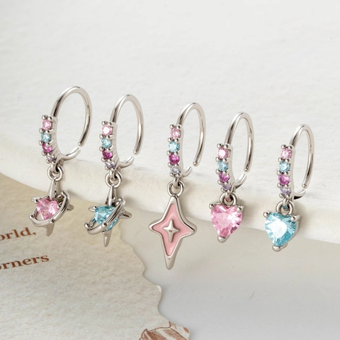 Piercing De Nariz Y Oreja Joyería De Cobre Con Circonitas De Colores Esmalte Corazón Planeta Estrella Flor Tono Plateado