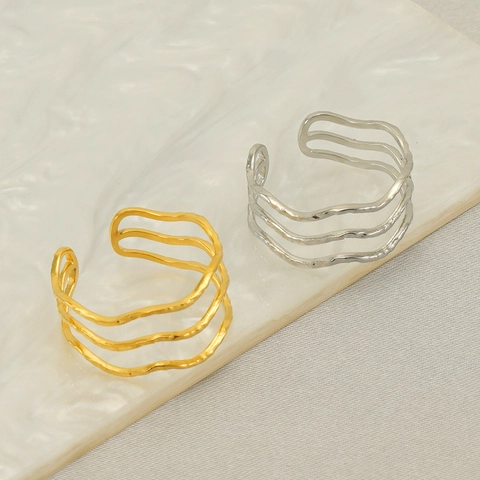 Geometrische Golvende Lijn Roestvrijstalen Ring 3-Laags Minimalistisch Verstelbaar Open Goud Zilveren Sieraden Voor Vrouwen
