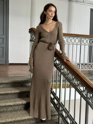 Women V-Neck Long Sleeve Knitted Maxi Dress Ribbed Slim Fit Bodycon Solid Color Elegant Soft Warm Casual Chic Gown