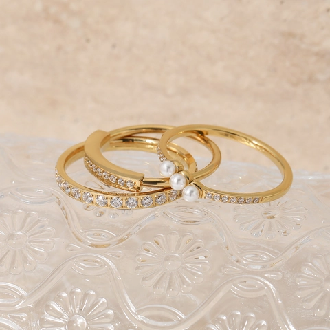 Anello In Acciaio Inossidabile Perla Artificiale Zirconia Cubica Intarsiato Minimalista Geometrico Elegante Per Donna