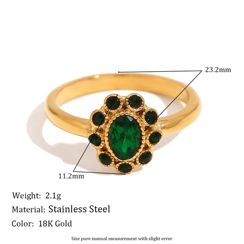 Vintage Luxury Ring For Women Stainless Steel 18K Gold Plated Green Gem Oval Artificial Pearl Cluster Floral Design