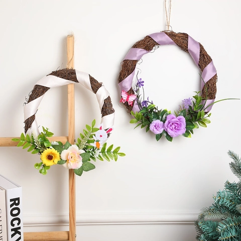 Künstlicher Blumen-Rattankranz Mit Satinnband Filz-Schmetterling Hase Hängendes Ornament Haustür Weihnachten Ostern Deko