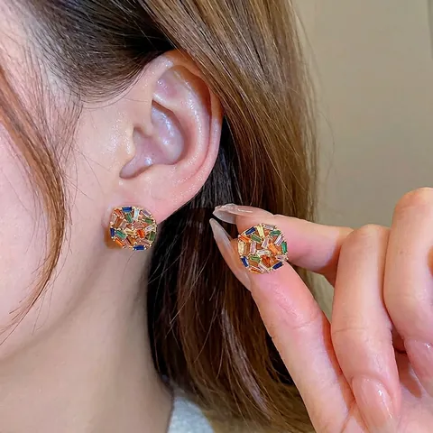 Square Colorful Zirconia Stud Earrings Gold Plated Geometric Elegant Mosaic Jewelry For Women With 925 Sterling Silver Earring Post