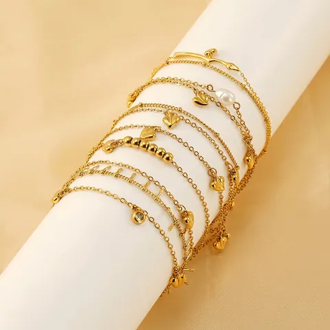 18K Gold Plated Stainless Steel Heart Pendant Artificial Pearl Bracelet Anklet For Women Fashion Layered Jewelry