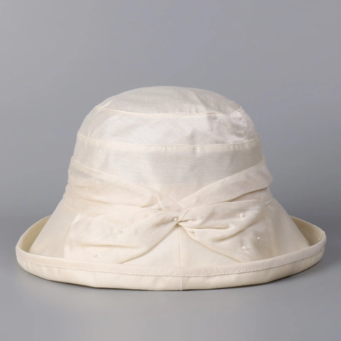 Women Bucket Hat Lyocell Linen Nylon Blend Breathable Sun Protection Large Bow Artificial Pearl Elegant Summer Foldable