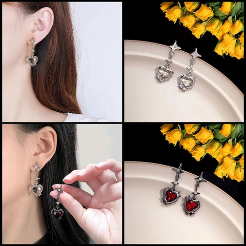 Orecchini Pendenti Gotici A Cuore E Stella A Quattro Punte Con Perno In Argento Sterling 925 Gioielli Da Donna