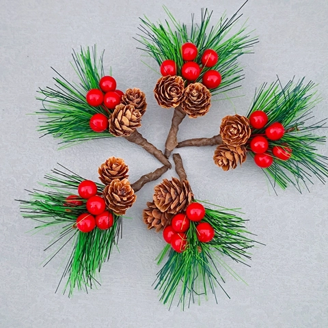 Christmas Artificial Pine Branches Red Berries Natural Pine Cones For DIY Holiday Wreath Garland Home Winter Decor