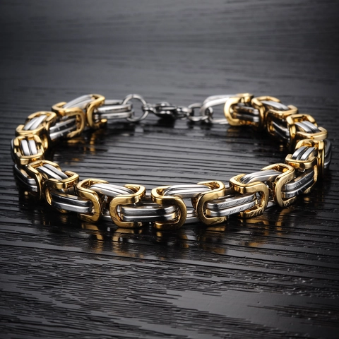 Men Byzantine Chain Bracelet Necklace Stainless Steel Square Link Heavy Punk Hip Hop Trendy Jewelry