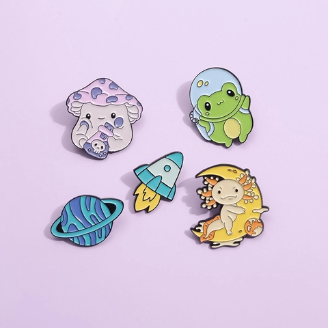 Cute Cartoon Frog Astronaut Rocket Planet Enamel Brooch Fun Mushroom Plant Alloy Metal Badge Pin For Clothing Bag Jewelry