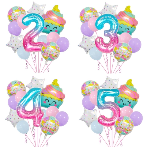 Macaron Ice Cream Cupcake Theme Birthday Party Decoration Balloons Aluminum Foil Latex Gradient Number For Kids Girls
