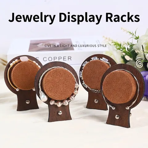 Walnut Wood Jewelry Display Stand Velvet Ring Tray Necklace Bracelet Holder Gold Metal Corner Organizer Commercial Prop