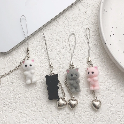 Simpatico Portachiavi Gatto Floccato Con Ciondolo A Cuore In Lega Charm Per Telefono Con Perline Y2K Per Decorazione Borsa Donne Ragazze Regalo
