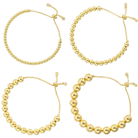Brass Round Bead Necklace And Adjustable Pull Bracelet Gold Plated Elegant Vintage Minimalist Jewelry For Women