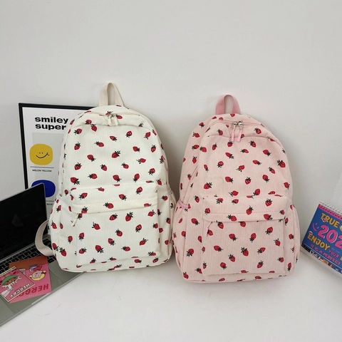 Strawberry Print Corduroy Backpack Large Capacity Multi Pocket School Bag Sweet Kawaii Style For Women Girls Students