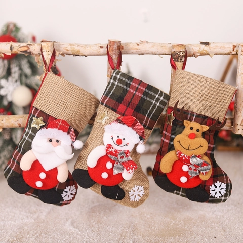 Christmas Stocking Decoration Cartoon Santa Snowman Reindeer Bear Burlap Plaid Fabric Gift Bag For Xmas Party Home Decor