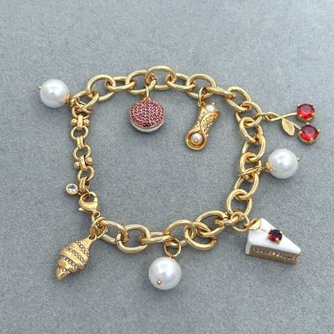 Bracciale con Ciondoli in Ottone Placcato Oro Stile INS Dolce per Donna Perla Artificiale Zirconia Ciliegia Croissant Torta