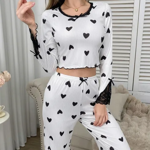 Damen Rippstrick Schlafanzug Oberteil Und Hose Herzprint Spitze Schleife Rundhals Langarm Loungewear Weich Bequem Freizeit