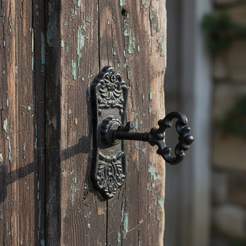 Cast Iron Door Handle Retro Key Shape Cabinet Pull European Relief Decorative Hardware For Garden Villa