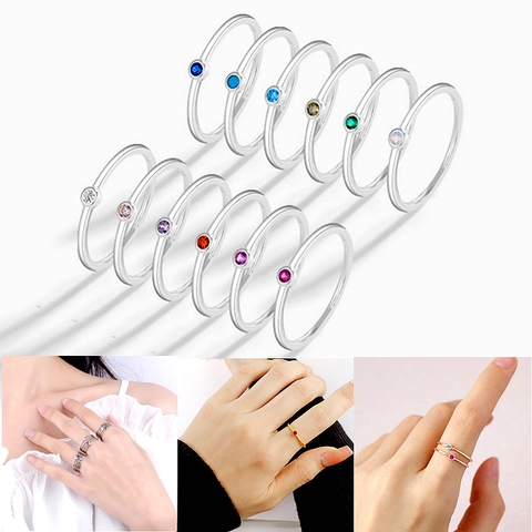 Anillo Fino de Acero Inoxidable Minimalista Estilo Coreano Mujer Incrustado con Diamante de Imitación Anillo de Dedo Apilable Personalizado Regalo de Cumpleaños