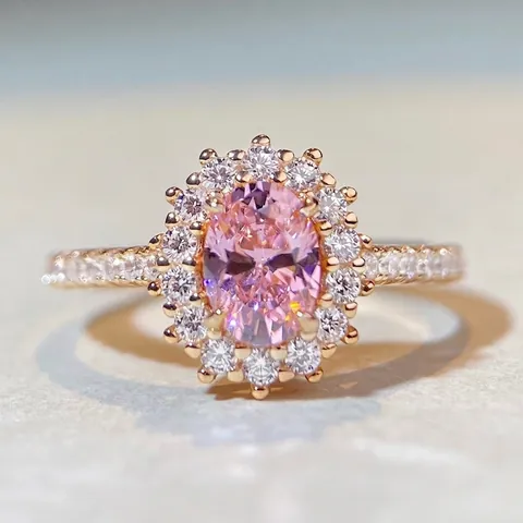 Elegant Oval Cut Pink Simulated Diamond Halo Ring 925 Sterling Silver Rose Gold Plated Luxury Fashion Jewelry For Women