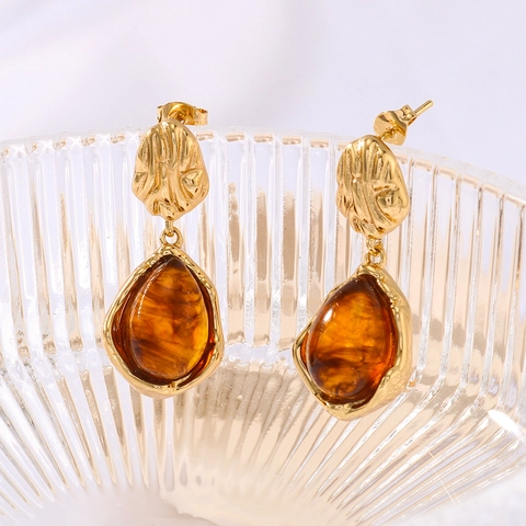 Vintage Stainless Steel 18K Gold Plated Resin Amber Water Drop Earrings Wrinkled Texture Irregular Drop Earrings For Women