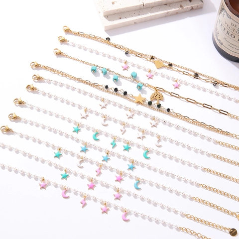 Fashion Gold Plated Stainless Steel Beaded Artificial Pearl Bracelet With Star Moon Heart Enamel Charms For Women Jewelry