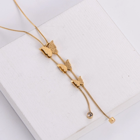 Collier Gland Papillon Acier Inoxydable Plqué Or 18K Triple Papillon Dépoli Chaîne Serpent Avec Zircone Femmes Élégant