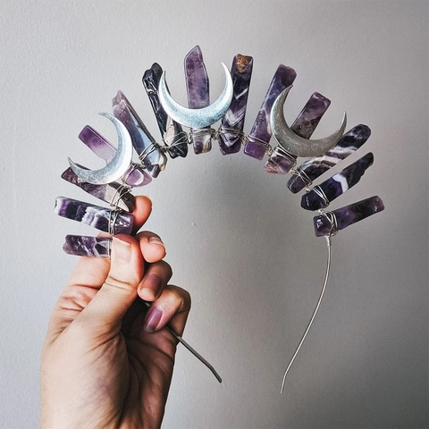 Natuurlijke Amethist Kristallen Kroon Hoofdband Met Zilveren Maan Decoratie Handgemaakte Gotische Haaraccessoires Voor Vrouwen
