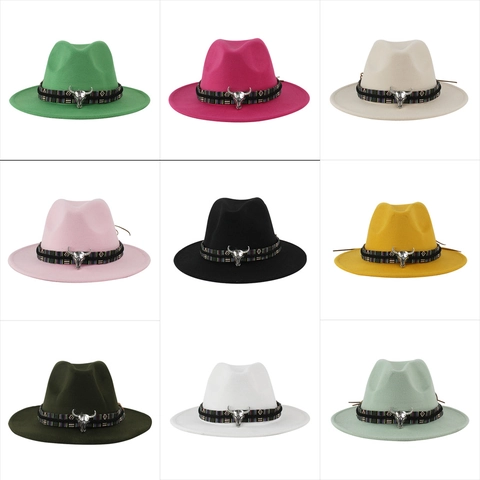 Sombrero Fedora de Poliester Vintage para Mujer Hombre Ala Ancha Western Cowboy Jazz Hat Con Hebilla de Metal de Cráneo de Toro Y Banda Étnica Sol Exterior
