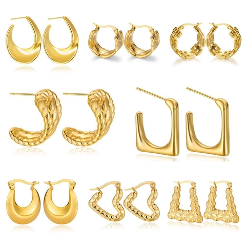 Geometric Hoop Earrings Stainless Steel Gold Plated Minimalist Textured Trendy Fashion Jewelry Accessory For Women