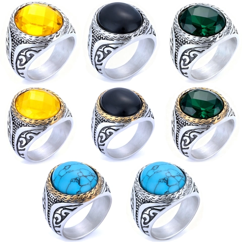 Vintage Engraved Men Ring Stainless Steel With Large Oval Gemstone Tiger Eye Turquoise Retro Punk Gothic Ethnic Jewelry