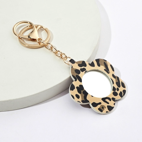 Porte-clés En Forme De Fleur Avec Miroir Portable Imprimé Léopard Cuir PU Porte-clés Esthétique Pendentif Sac
