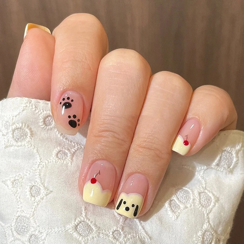 Press On Nails Resin Short Square Round French Tip Cartoon Dog Paw Prints Cherry Sweet Cute Style Manicure Accessory