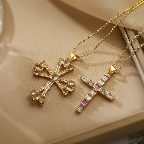 Collar Con Colgante De Cruz Cobre Chapado En Oro De 18K Con Circonita Colorida Estilo Hip Hop Joyería Para Mujer