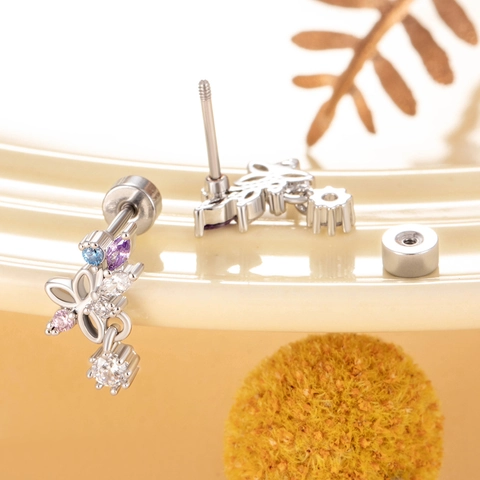 Butterfly Flower Cartilage Stud Earring With Titanium Steel Post Multicolor Zircon Pendant Screw Back Dainty Jewelry For Women