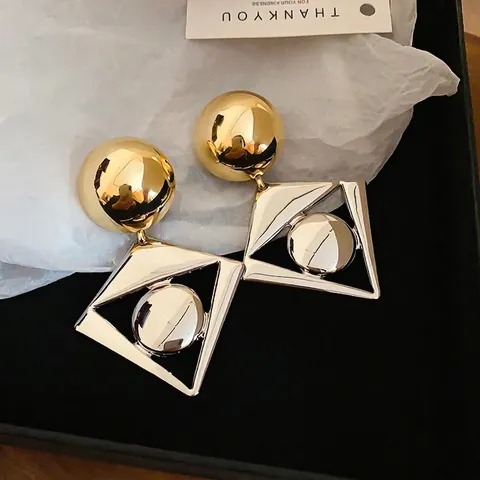 Overdreven Geometrische Ruit Oorbellen Tweekleurig Legering Met 925 Sterling Zilveren Oorknopjes Voor Dames Mode